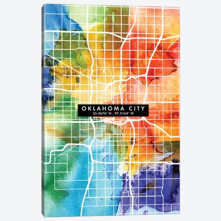 Oklahoma City Map Colorful Watercolor Style Canvas Print #WDA1868} by WallDecorAddict Canvas Art