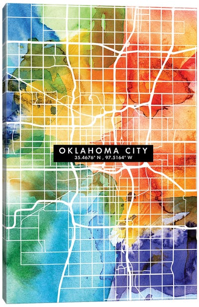 Oklahoma City Map Colorful Watercolor Style Canvas Art Print - Oklahoma Art