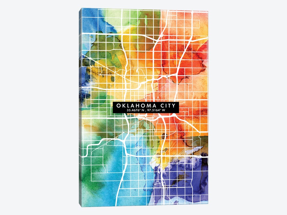 Oklahoma City Map Colorful Watercolor Style by WallDecorAddict 1-piece Canvas Print