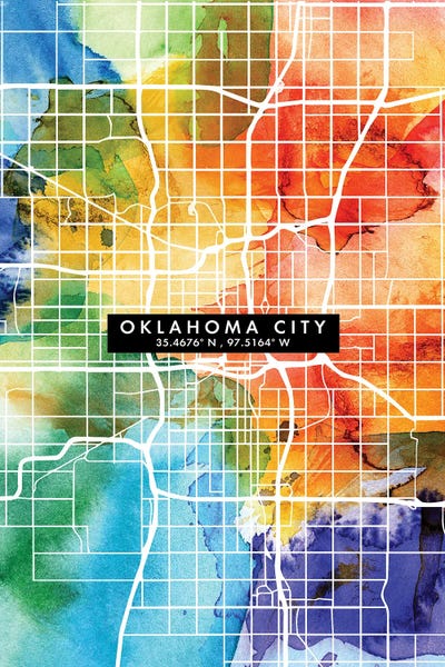 Oklahoma: Oklahoma City Map Colorful Watercolor Style by WallDecorAddict