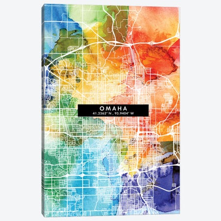 Omaha City Map Colorful Watercolor Style Canvas Print #WDA1869} by WallDecorAddict Canvas Artwork