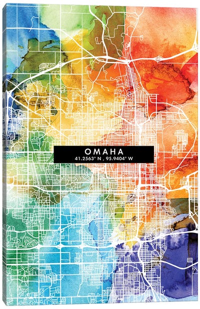 Omaha City Map Colorful Watercolor Style Canvas Art Print - Omaha Art