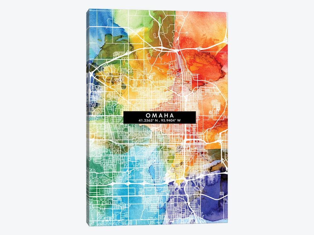 Omaha City Map Colorful Watercolor Style by WallDecorAddict 1-piece Canvas Wall Art