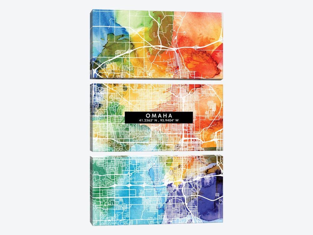 Omaha City Map Colorful Watercolor Style by WallDecorAddict 3-piece Canvas Wall Art
