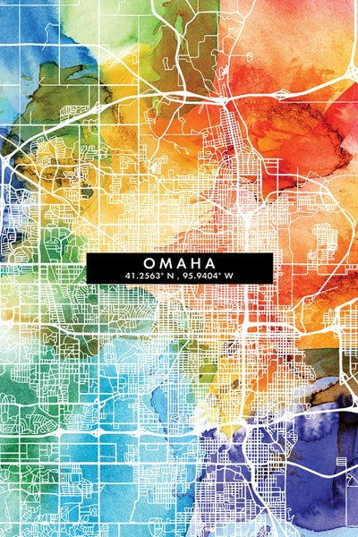 Nebraska: Omaha City Map Colorful Watercolor Style by WallDecorAddict