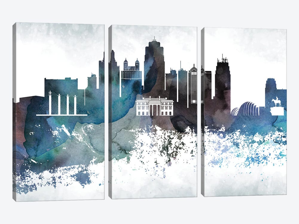 Kansas City Bluish Skylines by WallDecorAddict 3-piece Canvas Artwork