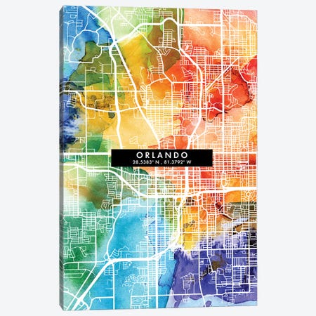 Orlando City Map Colorful Watercolor Style Canvas Print #WDA1870} by WallDecorAddict Canvas Print