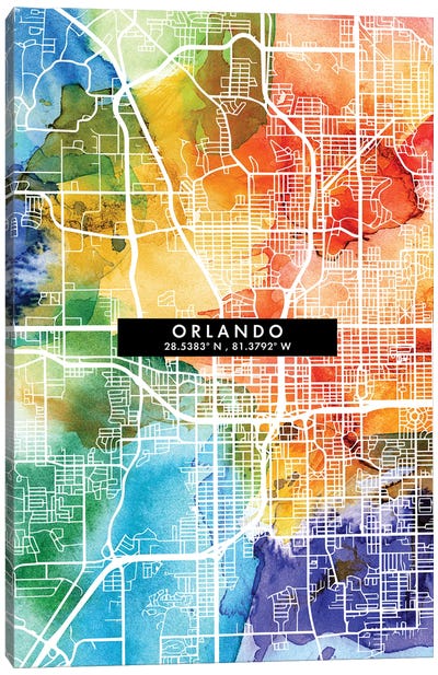 Orlando City Map Colorful Watercolor Style Canvas Art Print - Orlando Art