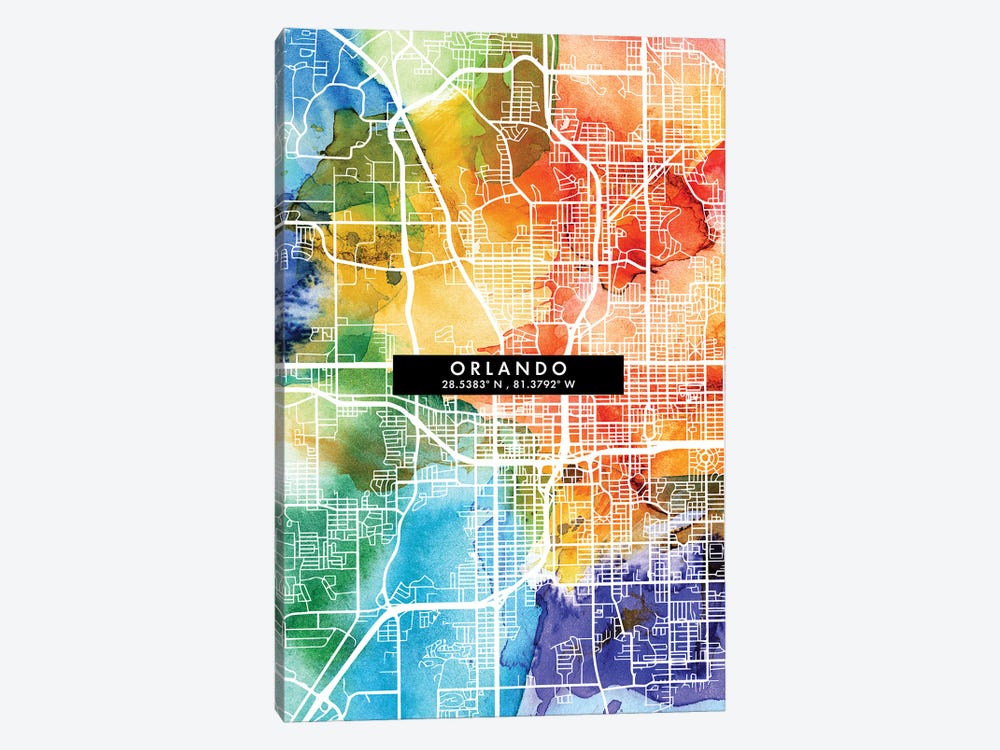 Orlando City Map Colorful Watercolor Style by WallDecorAddict 1-piece Canvas Artwork