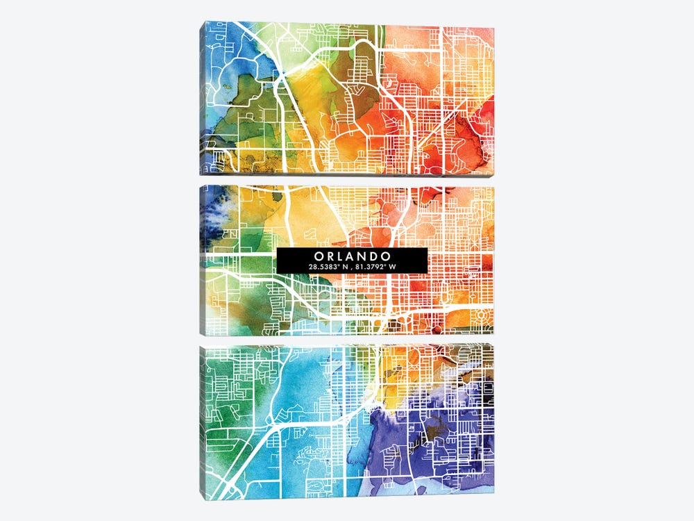Orlando City Map Colorful Watercolor Style by WallDecorAddict 3-piece Canvas Art