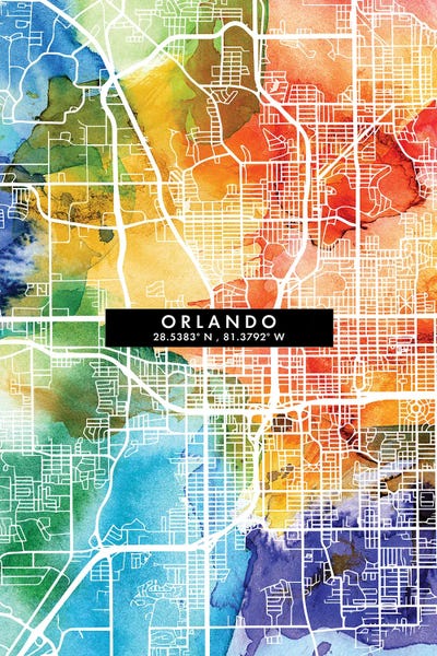 Orlando: Orlando City Map Colorful Watercolor Style by WallDecorAddict