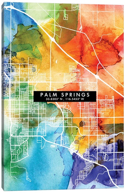 Palm Springs, California City Map Colorful Watercolor Style Canvas Art Print - Palm Springs