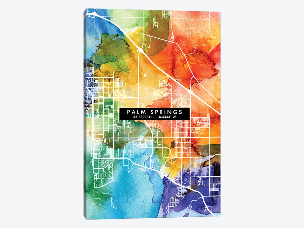 Palm Springs, California City Map Colorful Watercolor Style by WallDecorAddict 1-piece Canvas Art Print