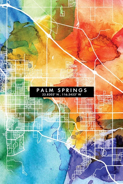 WallDecorAddict: Palm Springs, California City Map Colorful Watercolor Style by WallDecorAddict