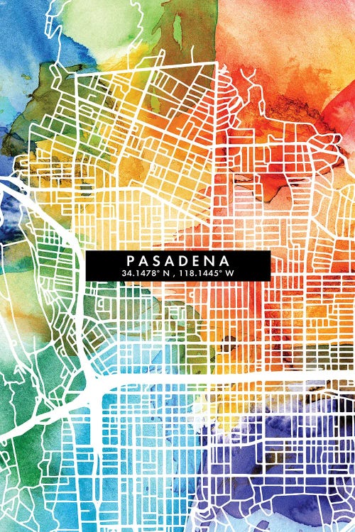 Pasadena, California City Map Colorful Watercolor Style