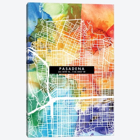 Pasadena, California City Map Colorful Watercolor Style Canvas Print #WDA1872} by WallDecorAddict Canvas Print