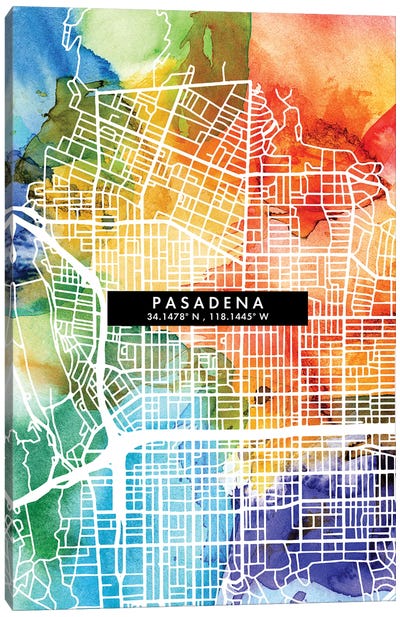 Pasadena, California City Map Colorful Watercolor Style Canvas Art Print
