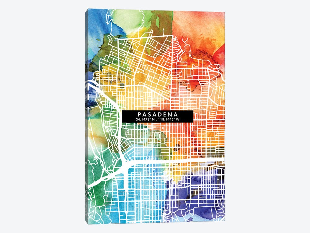 Pasadena, California City Map Colorful Watercolor Style by WallDecorAddict 1-piece Canvas Art