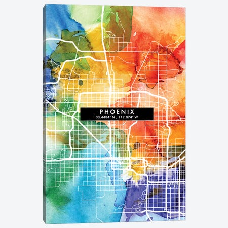 Phoenix City Map Colorful Watercolor Style Canvas Print #WDA1873} by WallDecorAddict Canvas Print