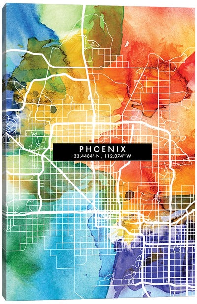 Phoenix City Map Colorful Watercolor Style Canvas Art Print - Phoenix