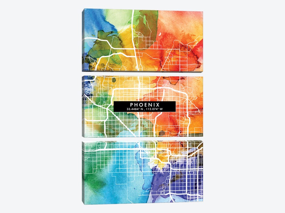 Phoenix City Map Colorful Watercolor Style by WallDecorAddict 3-piece Art Print