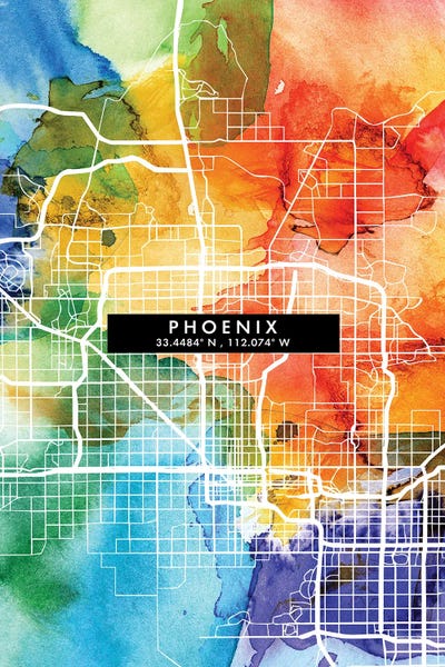 Phoenix: Phoenix City Map Colorful Watercolor Style by WallDecorAddict