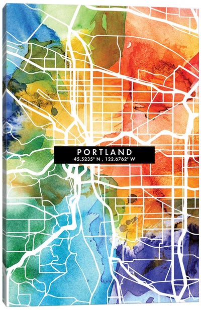 Portland City Map Colorful Watercolor Style Canvas Art Print - Portland Art