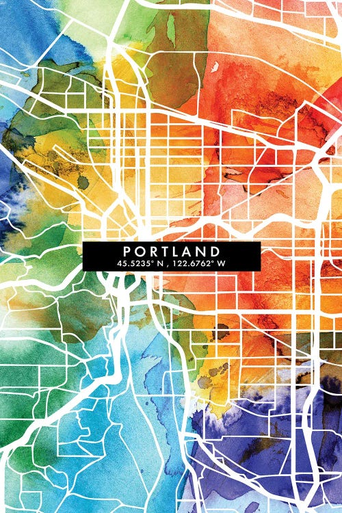 Portland City Map Colorful Watercolor Style by WallDecorAddict wall art