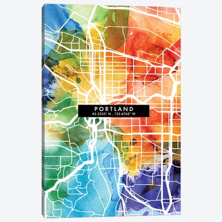 Portland City Map Colorful Watercolor Style Canvas Print #WDA1874} by WallDecorAddict Canvas Wall Art