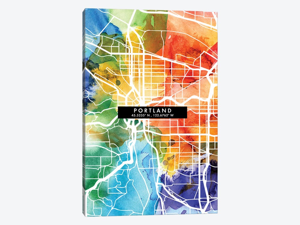 Portland City Map Colorful Watercolor Style by WallDecorAddict 1-piece Canvas Artwork