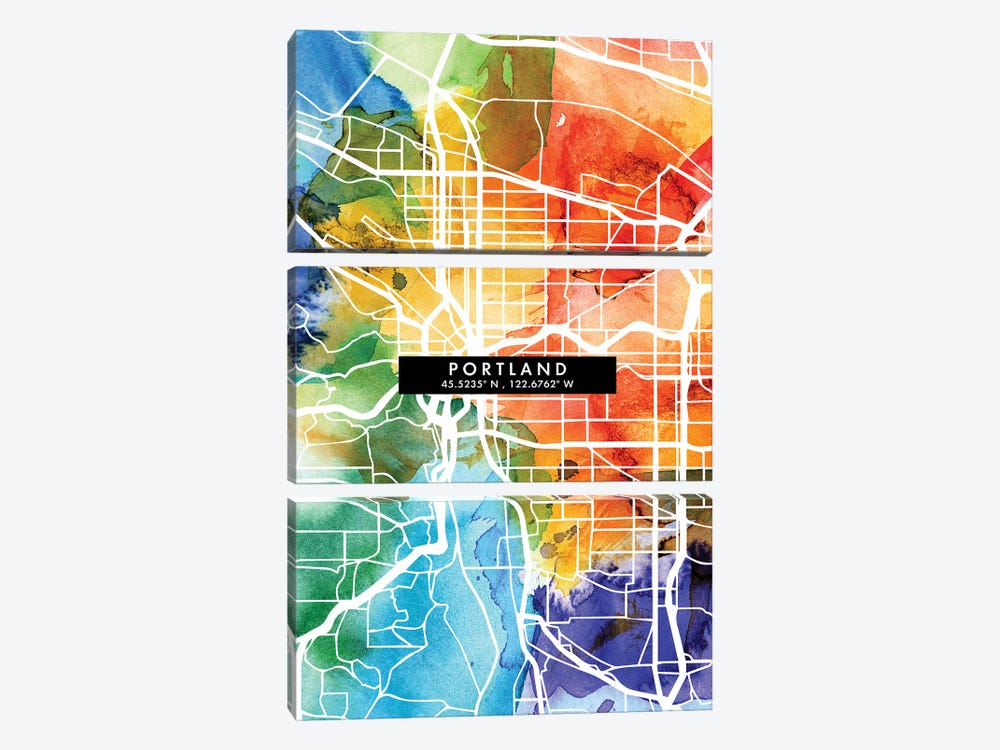 Portland City Map Colorful Watercolor Style by WallDecorAddict 3-piece Canvas Art