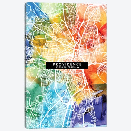 Providence City Map Colorful Watercolor Style Canvas Print #WDA1875} by WallDecorAddict Canvas Art