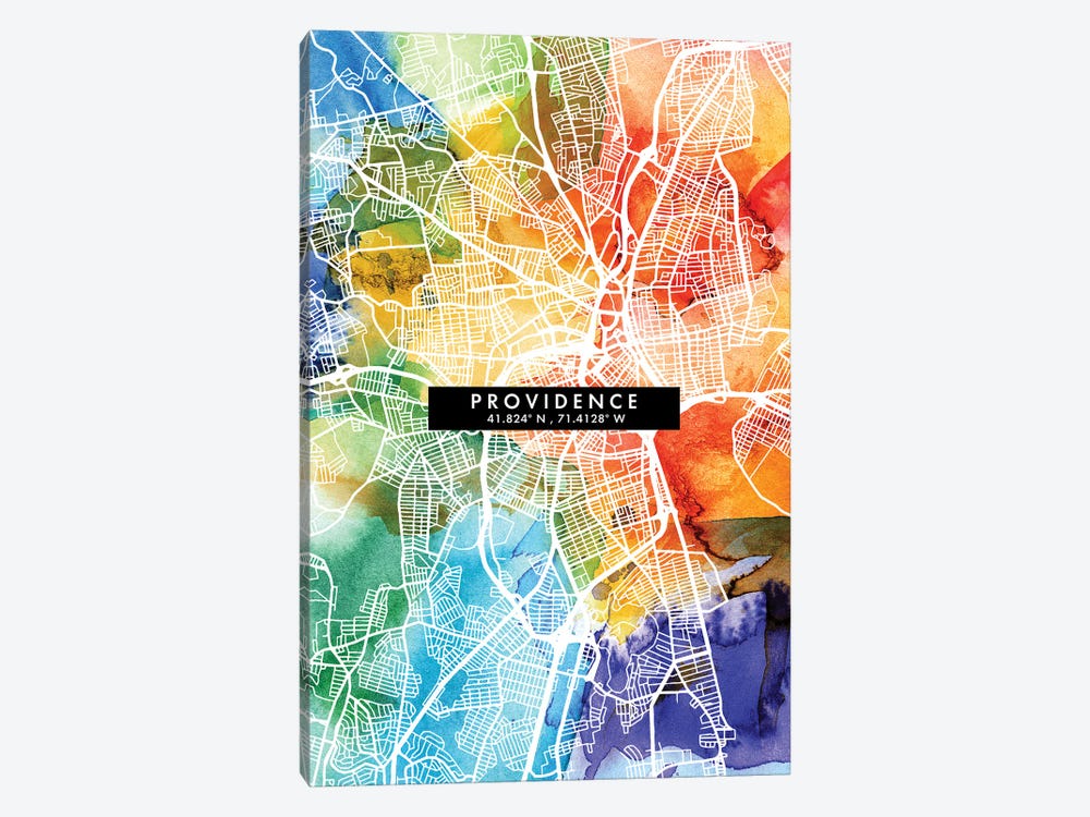 Providence City Map Colorful Watercolor Style by WallDecorAddict 1-piece Canvas Print