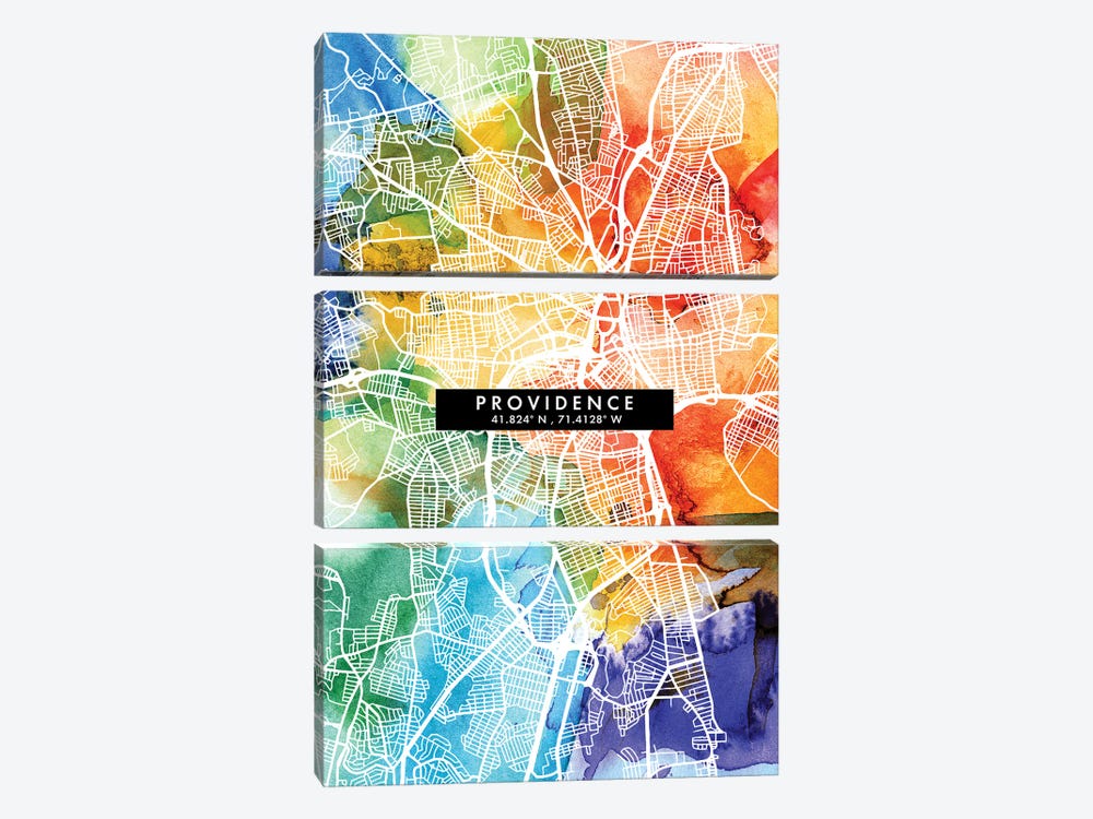 Providence City Map Colorful Watercolor Style by WallDecorAddict 3-piece Canvas Print