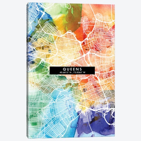 Queens City Map Colorful Watercolor Style Canvas Print #WDA1876} by WallDecorAddict Canvas Artwork