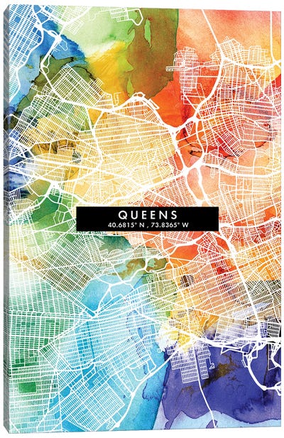Queens City Map Colorful Watercolor Style Canvas Art Print - New York City Map
