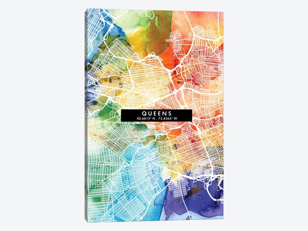 Queens City Map Colorful Watercolor Style by WallDecorAddict 1-piece Canvas Artwork