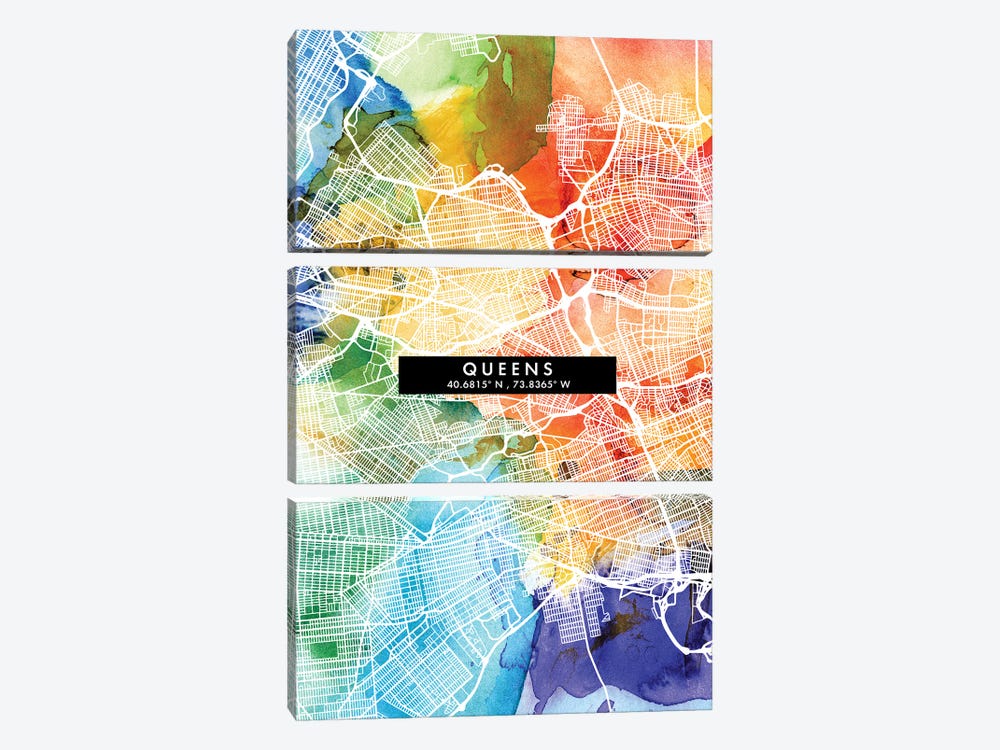 Queens City Map Colorful Watercolor Style by WallDecorAddict 3-piece Canvas Art