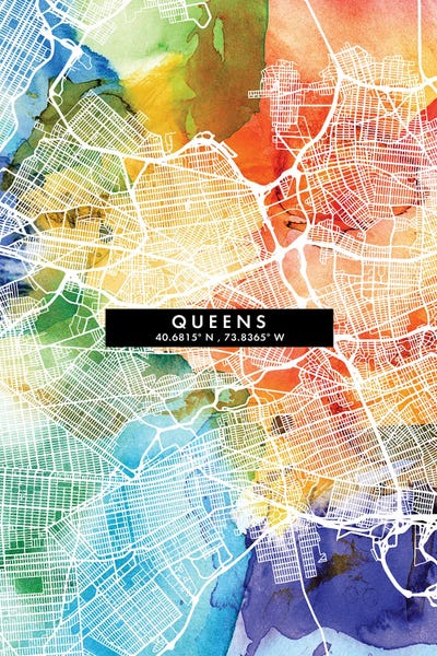 Queens: Queens City Map Colorful Watercolor Style by WallDecorAddict