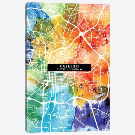 Raleigh City Map Colorful Watercolor Style Canvas Print #WDA1877} by WallDecorAddict Canvas Artwork