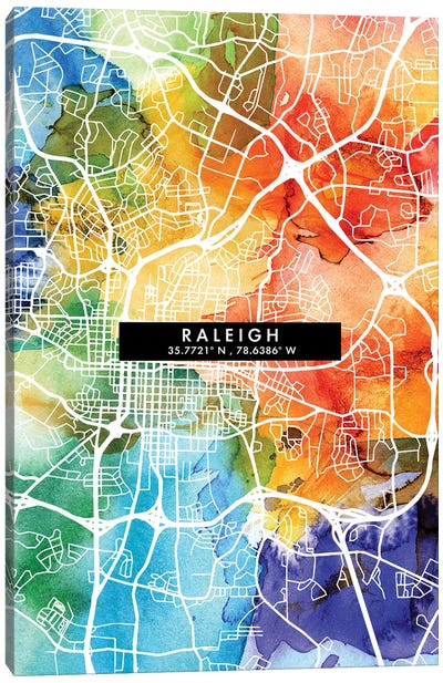 Raleigh City Map Colorful Watercolor Style Canvas Art Print - Raleigh Art