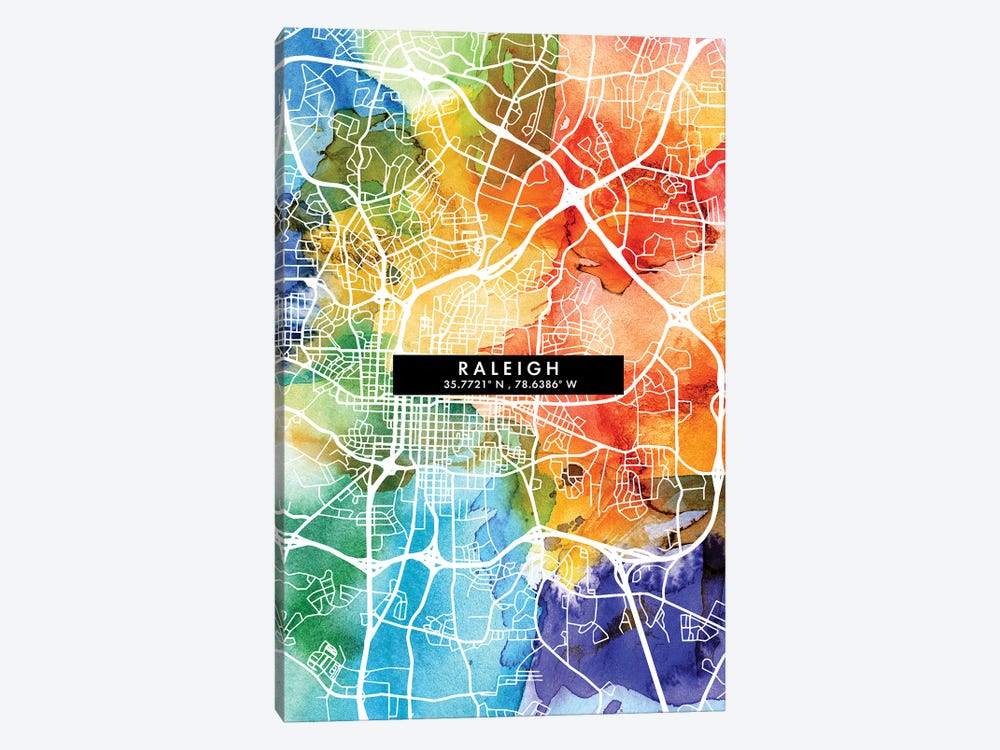 Raleigh City Map Colorful Watercolor Style by WallDecorAddict 1-piece Art Print