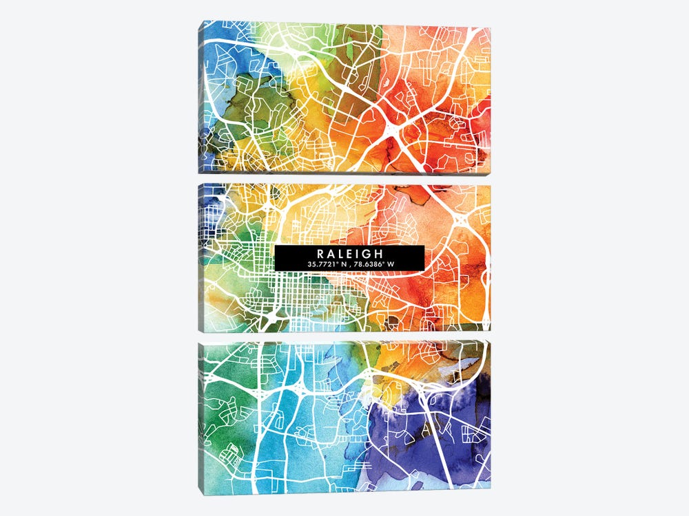 Raleigh City Map Colorful Watercolor Style by WallDecorAddict 3-piece Canvas Print