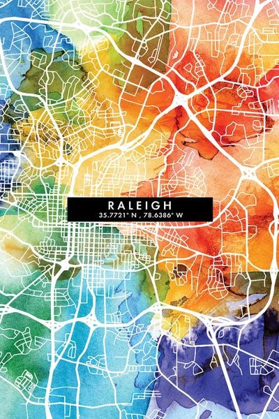North Carolina: Raleigh City Map Colorful Watercolor Style by WallDecorAddict