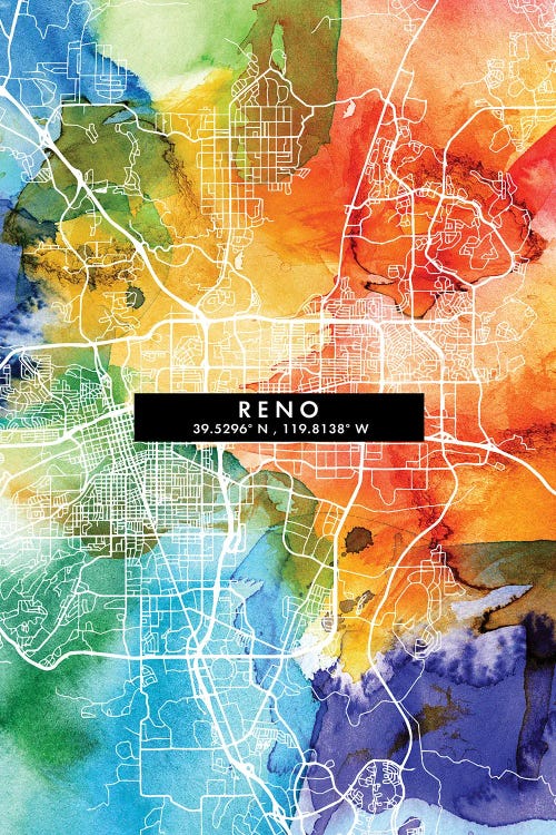 Reno, Nevada City Map Colorful Watercolor Style by WallDecorAddict wall art