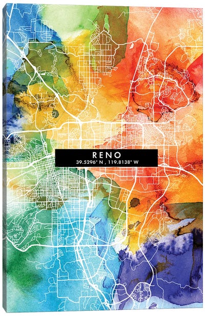 Reno, Nevada City Map Colorful Watercolor Style Canvas Art Print