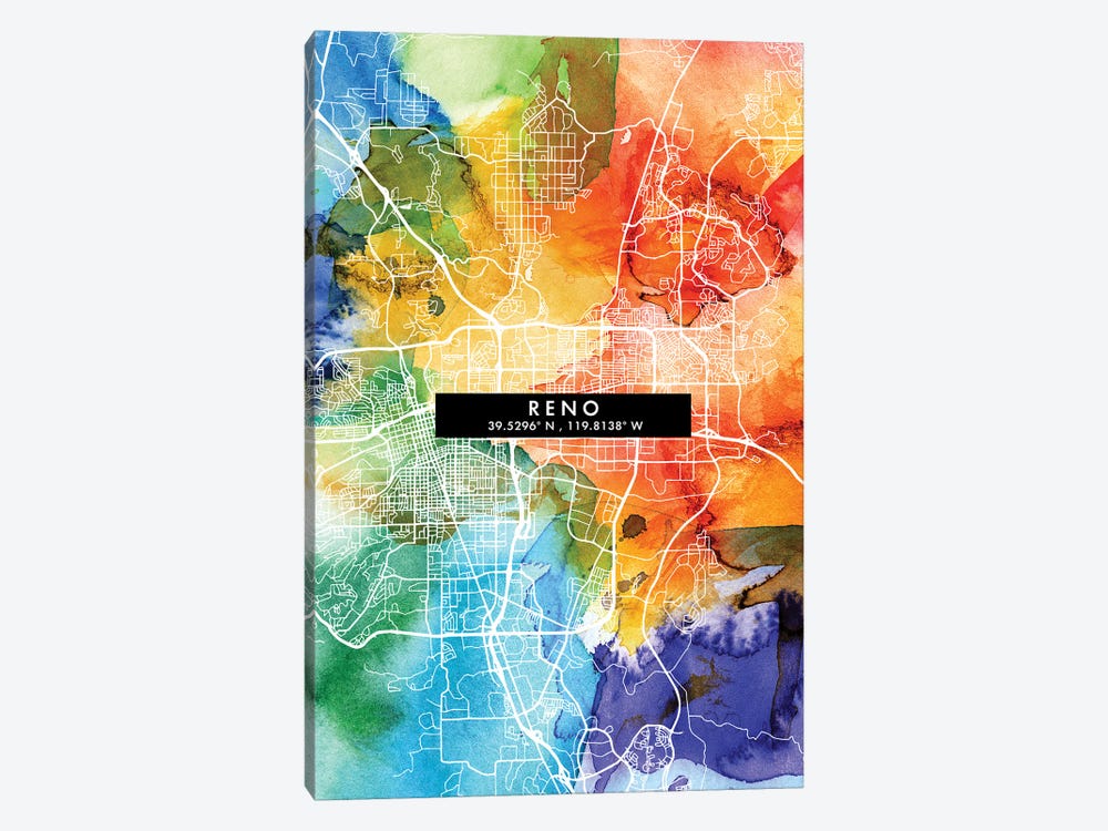 Reno, Nevada City Map Colorful Watercolor Style by WallDecorAddict 1-piece Canvas Wall Art
