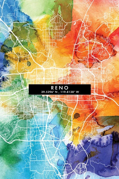 Reno: Reno, Nevada City Map Colorful Watercolor Style by WallDecorAddict