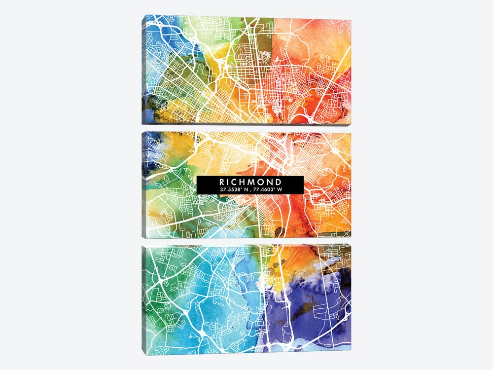 Richmond City Map Colorful Watercolor Style by WallDecorAddict 3-piece Canvas Print