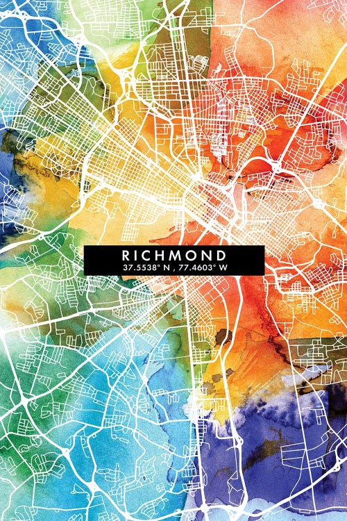 Richmond City Map Colorful Watercolor Style by WallDecorAddict wall art